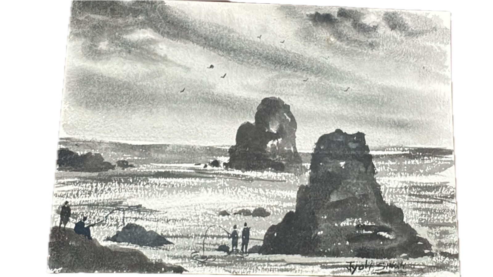 Monochrome seascape with rocks and figures