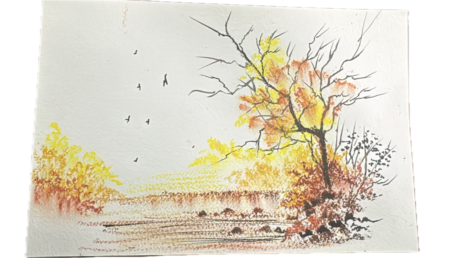 Autumn tree and birds in warm watercolor tones
