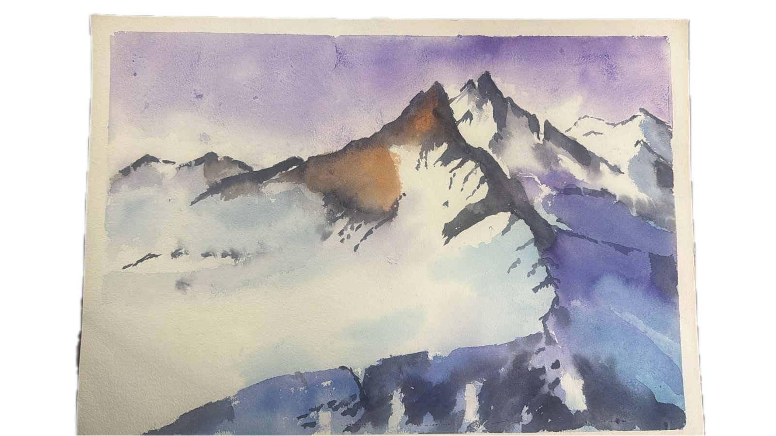 Snowy mountain peaks in purple watercolor wash
