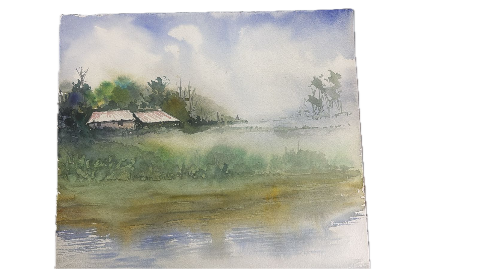 Misty riverside village landscape in watercolor
