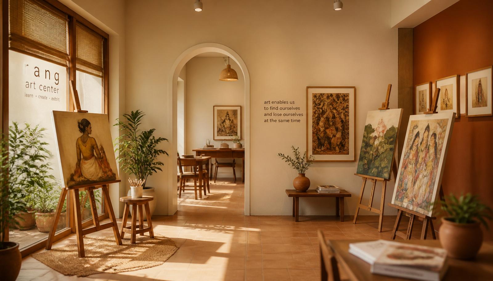 Bright art studio at Jyoti Art Center filled with paintings and canvases