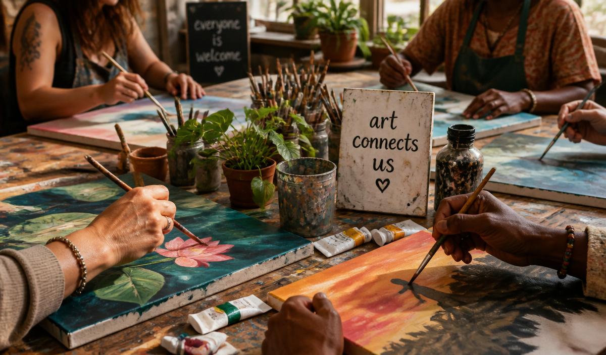 Community painting workshop with hands and brushes on canvases