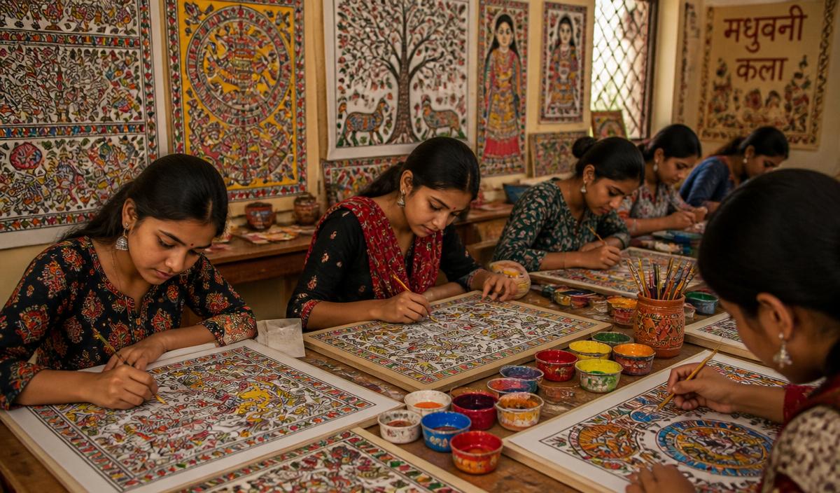 Colorful folk art paintings created at Jyoti Art Center
